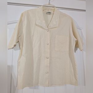 Laura Ashley Cream Embroidered Floral Cotton Linen Ramie Button Down Blouse
